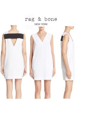 rag & bone White Sleeveless V-Neck Shift Dress with Black Back Band